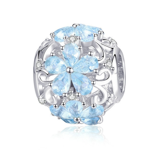 BAMOER Winter Collection 925 Sterling Silver Elegant Snowflake Beads Light Blue CZ Charms fit Charm Bracelets DIY Jewelry SCC941