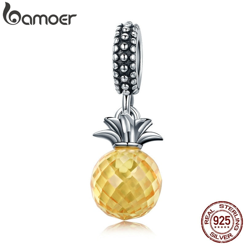 BAMOER 925 Sterling Silver Summer Yellow Crystal Pineapple CZ, Pendant Beads fit Charm Bracelet DIY Jewelry Gift SCC150