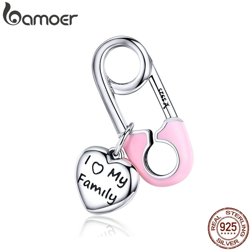BAMOER 925 Sterling Silver Pink Enamel Pink Family Heart Charms Fit Charm Bracelets Fashion Jewelry SCC1145