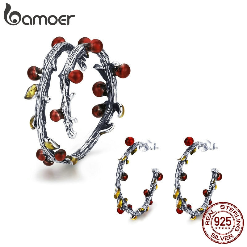 BAMOER Authentic 925 Sterling Silver Autumn Tree Leaves Branch Rings Earrings Jewelry Sets Fashion Sterling Silver Jewelry Set