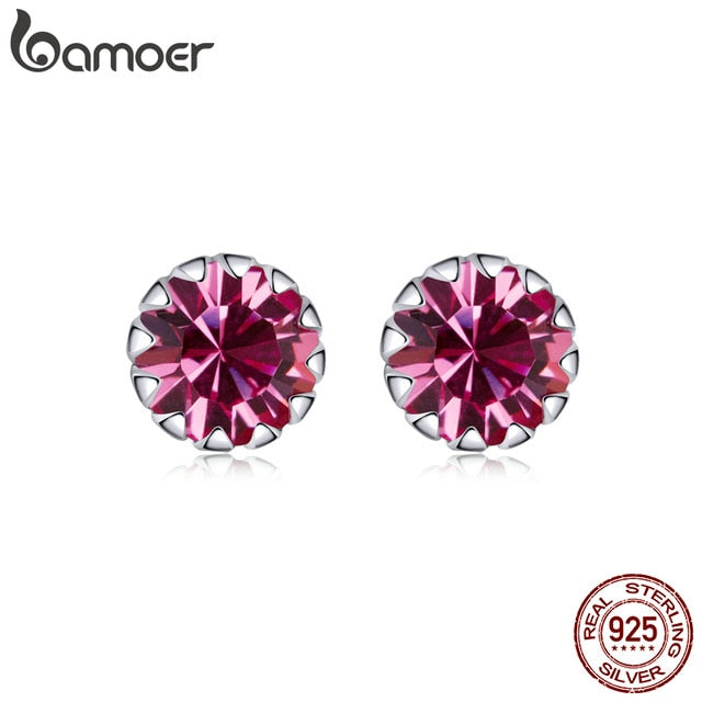 bamoer Birth Stone AAA Cubic Zircon Stud Earring 925 Sterling Silver Birthstone Ear Stud April Gifts Silver Jewelry SCE862