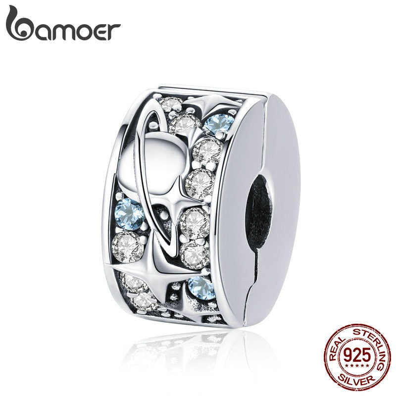BAMOER Authentic 925 Sterling Silver Star Moon Planet Beads Clip Charms Fit Charm Bracelet Necklaces DIY Jewelry Making SCC985