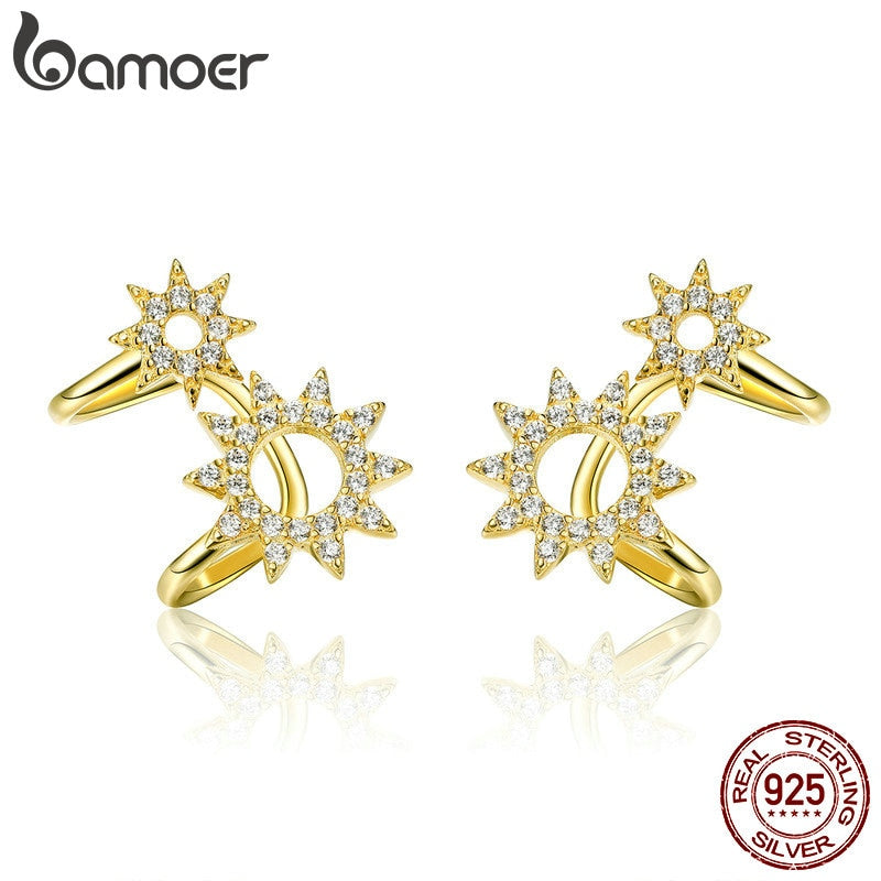BAMOER New Collection 925 Sterling Silver Sun Shape Geometric Ears Clip for Women Dazzling CZ Sterling Silver Jewelry SCE492