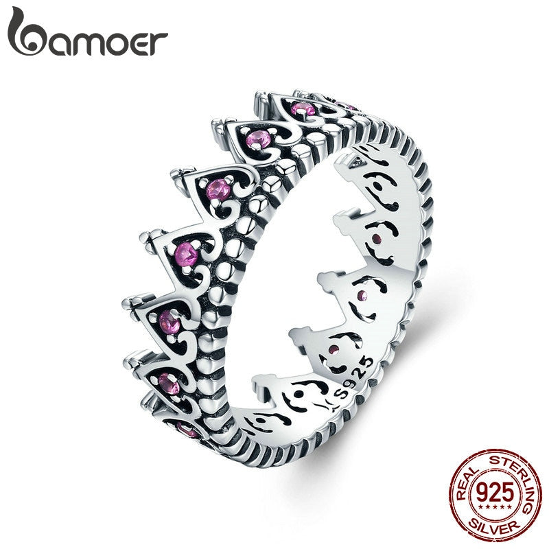 BAMOER 925 Sterling Silver Romantic Stackable Crown Heart Pink CZ Finger Rings for Women Sterling Silver Jewelry Anel SCR257