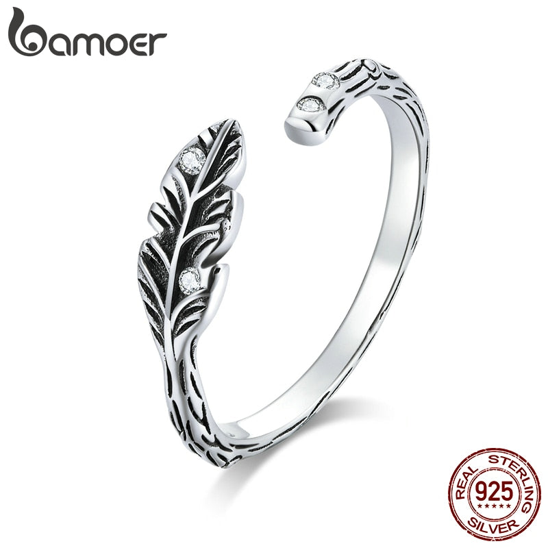bamoer Authentic 925 Sterling Silver Feather Open Finger Rings for Women Free Size Band Bijoux Fashion Bague 2020 SCR639