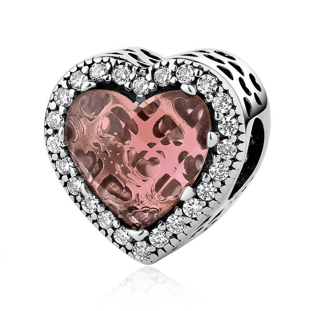 BAMOER 925 Sterling Silver Jewelry Radiant Hearts Beads Charms Fit Bracelets Women 4 Color Stone Mother's Day Gift PSC054