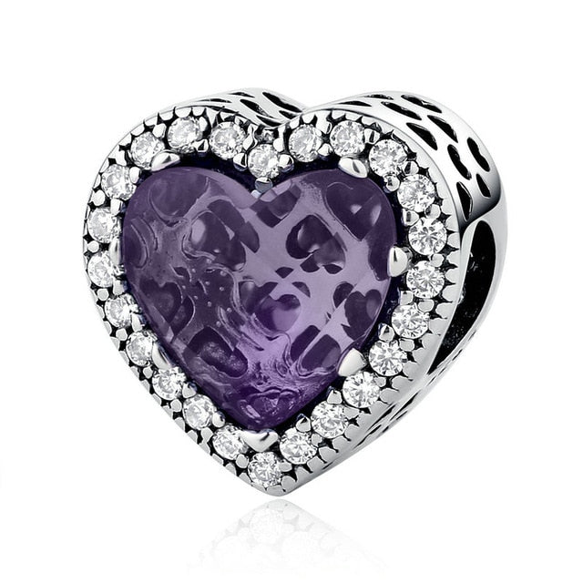 BAMOER 925 Sterling Silver Jewelry Radiant Hearts Beads Charms Fit Bracelets Women 4 Color Stone Mother's Day Gift PSC054