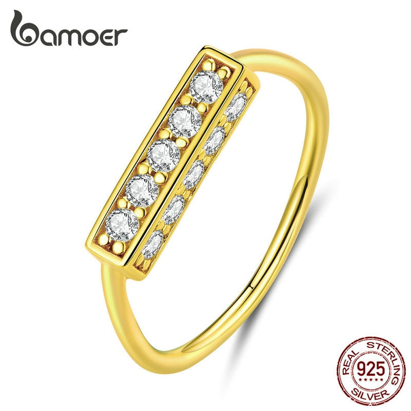 bamoer Authentic 925 Sterling Silver Clear CZ Finger Ring for Women Geometric Design Luxury Wedding Fine Jewelry Band BSR085