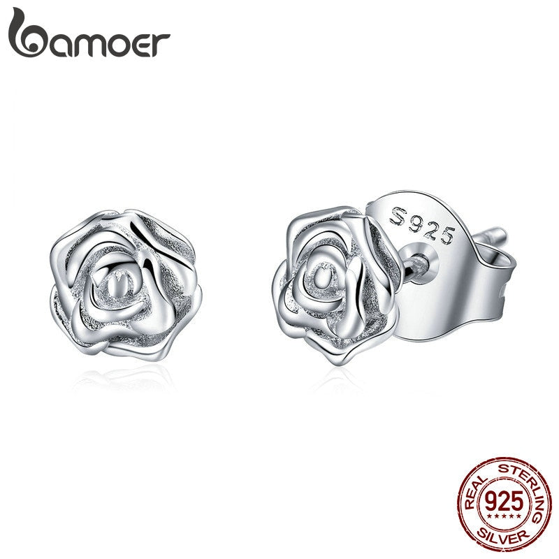 BAMOER Authentic 925 Sterling Silver Romantic Rose Flower Stud Earrings for Women Fashion Sterling Silver Jewelry BSE012