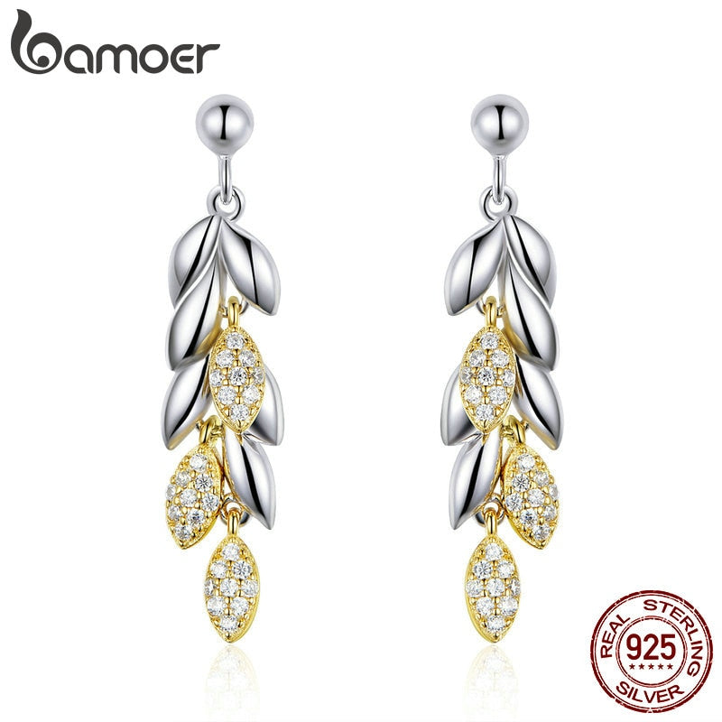 BAMOER 925 Sterling Silver Unique Wheat Drop Earrings for Women Gold Color Wheat Leaves Earrings Sterling Silver Jewelry BSE025