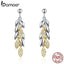 BAMOER 925 Sterling Silver Unique Wheat Drop Earrings for Women Gold Color Wheat Leaves Earrings Sterling Silver Jewelry BSE025