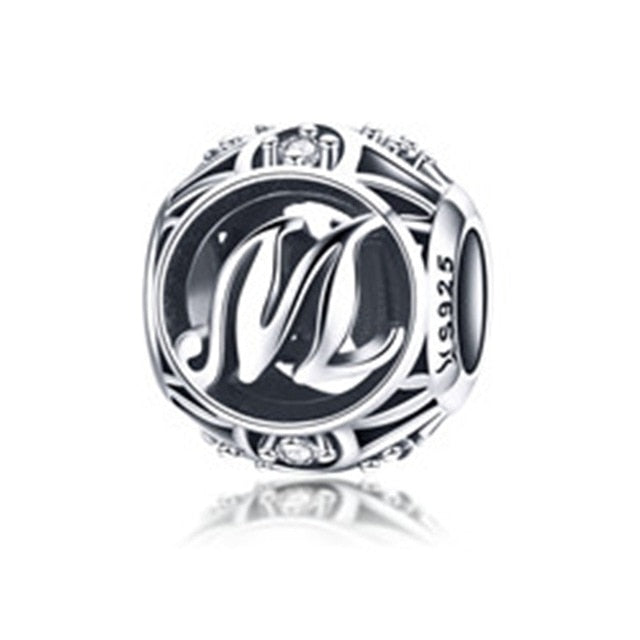 BAMOER Authentic 925 Sterling Silver Vintage A to T, Clear CZ Alphabet Letter Beads Fit Charm Bracelets DIY Jewelry SCC738