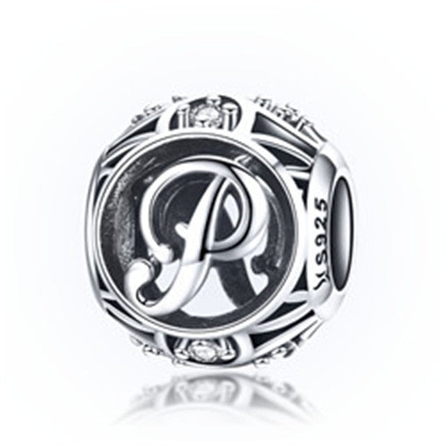 BAMOER Authentic 925 Sterling Silver Vintage A to T, Clear CZ Alphabet Letter Beads Fit Charm Bracelets DIY Jewelry SCC738