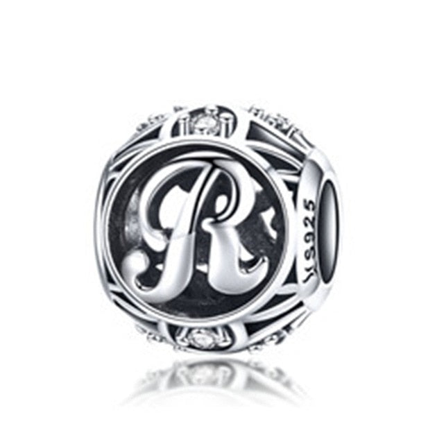 BAMOER Authentic 925 Sterling Silver Vintage A to T, Clear CZ Alphabet Letter Beads Fit Charm Bracelets DIY Jewelry SCC738