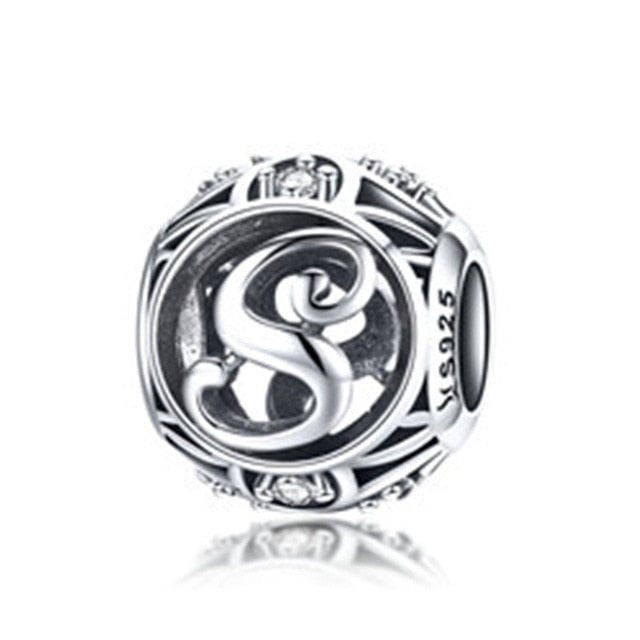 BAMOER Authentic 925 Sterling Silver Vintage A to T, Clear CZ Alphabet Letter Beads Fit Charm Bracelets DIY Jewelry SCC738