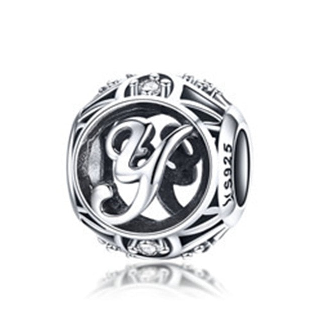 BAMOER Authentic 925 Sterling Silver Vintage A to T, Clear CZ Alphabet Letter Beads Fit Charm Bracelets DIY Jewelry SCC738