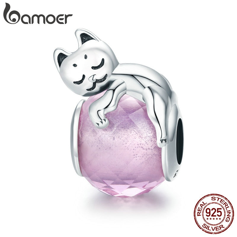 BAMOER Authentic 100% 925 Sterling Silver Cute Cat Pussy Big Stone Charm Beads fit Women Bracelet DIY Beads Jewelry SCC447