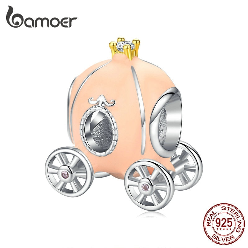 bamoer Authentic 925 Sterling Silver Beige Enamel Pumpkin Carriage Charm for Female Original Silver Snake Bracelet BSC135