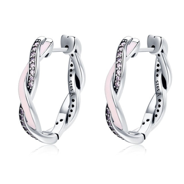 BAMOER Authentic 100% 925 Sterling Silver Pink & Clear CZ Twist Of Fate Hoop Earrings for Women Fashion Earrings Jewelry SCE297