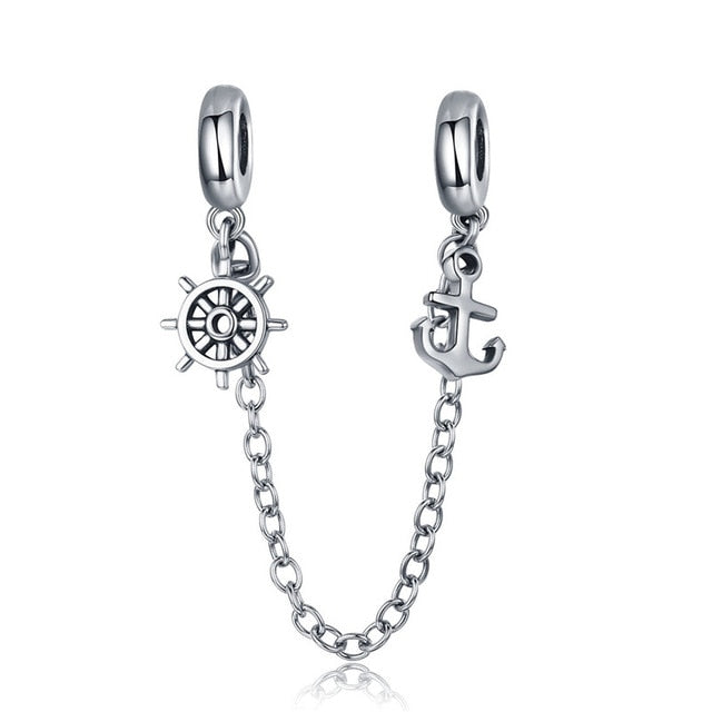 BAMOER 925 Sterling Silver Love Connection Safety Chain Charm Fit  Bracelet Heart Shaped Sterling Silver Jewelry SCC1112