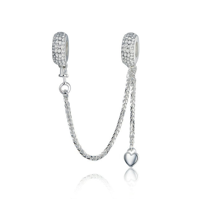 BAMOER 925 Sterling Silver Love Connection Safety Chain Charm Fit  Bracelet Heart Shaped Sterling Silver Jewelry SCC1112