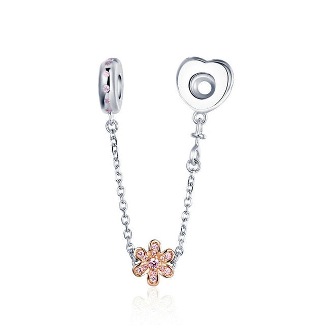 BAMOER 925 Sterling Silver Love Connection Safety Chain Charm Fit  Bracelet Heart Shaped Sterling Silver Jewelry SCC1112