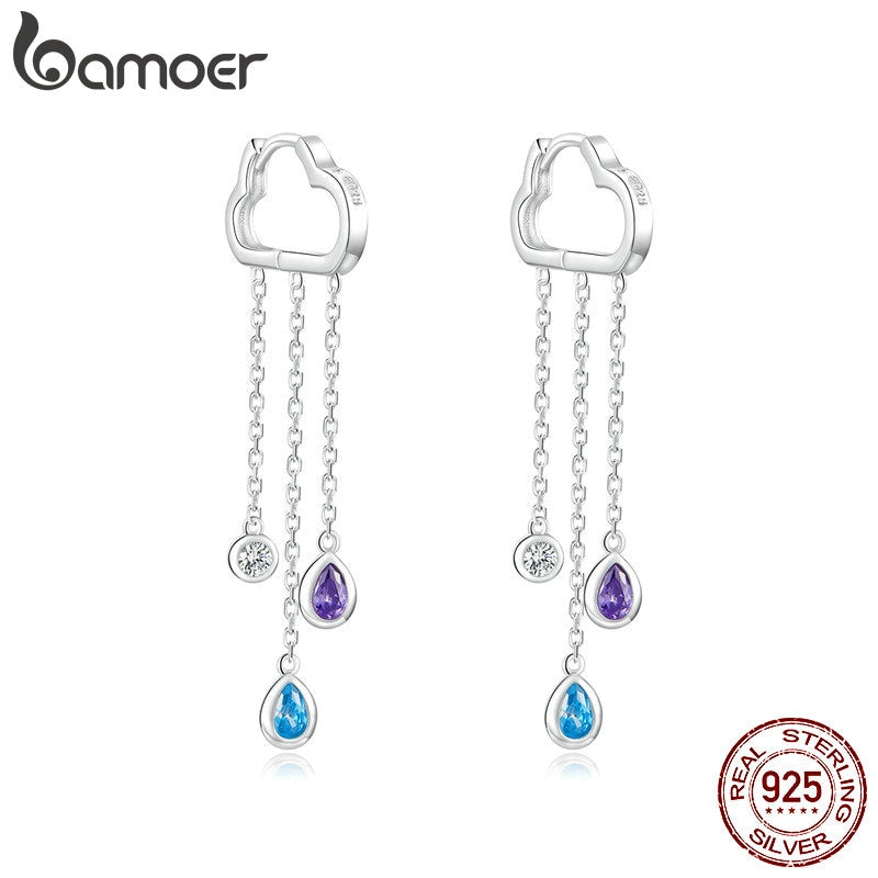 bamoer 925 Sterling Silver Long Chain Dangle Earrings for Women Cloud and Rainy Zirconia Hanging Earing Korean Jewelry BSE220