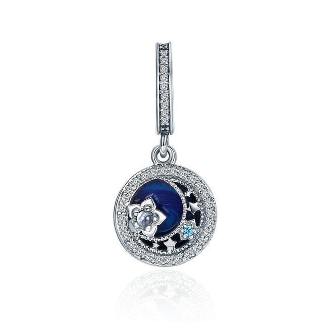 BAMOER 925 Sterling Silver Secret Planet Moon Star Pendant Blue Enamel Charms Fit Charm Bracelets Necklace Silver Jewelry SCC933