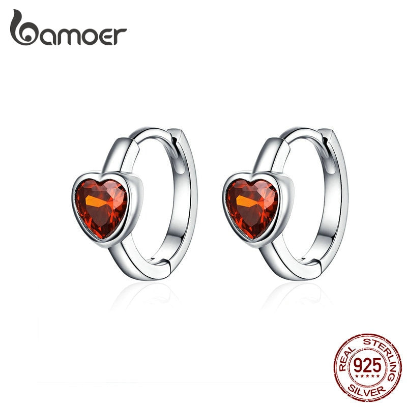 BAMOER Authentic 925 Sterling Silver Heart Cubic Zircon Hoop Earrings for Women Mini Ear Hoops Anti-allergy Girl Gits BSE084