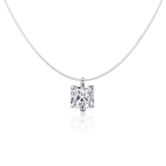 bamoer 925 Sterling Silver Invisible Choker Necklace for Women Waterdrop Square Triangle Pendant Neckalce Female Bijoux SCN332-D