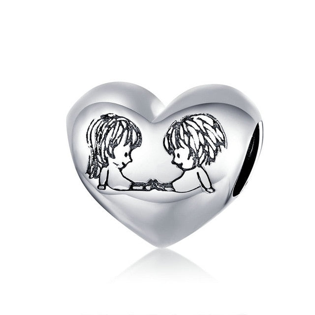 bamoer Authentic 925 Sterling Silver Love Family Heart Metal Beads for Jewelry Making Silver Charm fit Original Bracelet BSC237