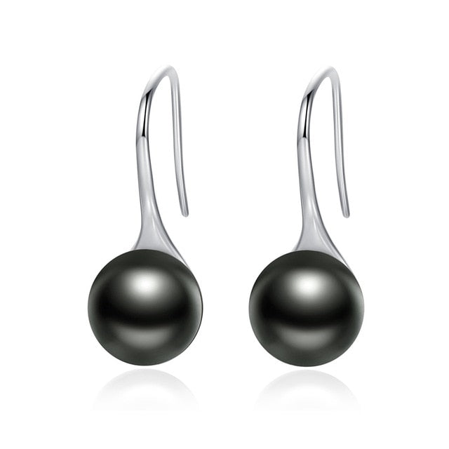 BAMOER 925 Sterling Silver Elegant Round Pure Love Pearl Drop Earrings for Women Jewelry Brincos White ,Black Purple Pink SCE037