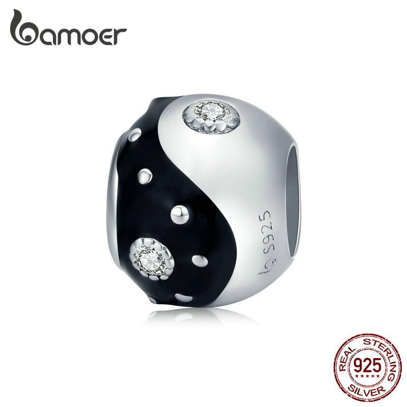 bamoer 925 Sterling Silver Taichi White & Black Enamel Round Metal Beads for Women Jewelry fit Original Brand Bracelet BSC192