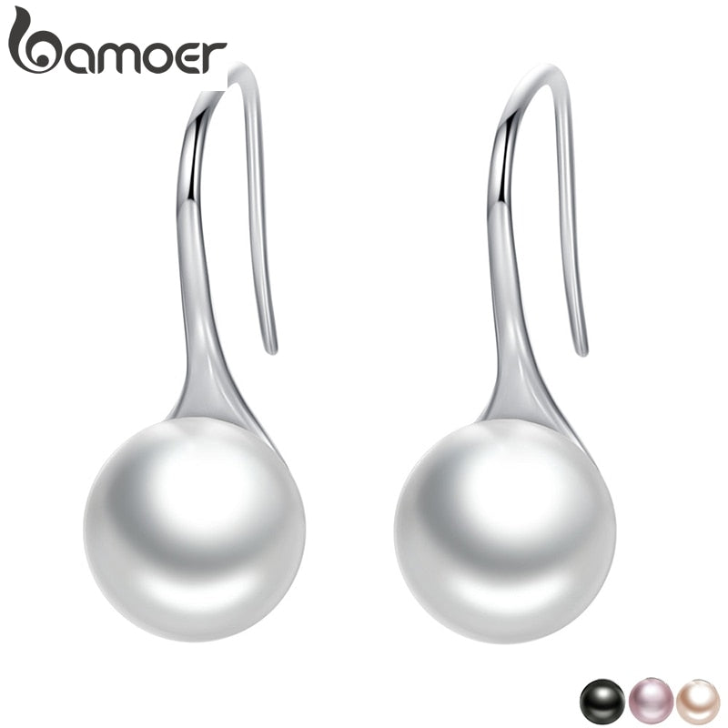 BAMOER 925 Sterling Silver Elegant Round Pure Love Pearl Drop Earrings for Women Jewelry Brincos White ,Black Purple Pink SCE037