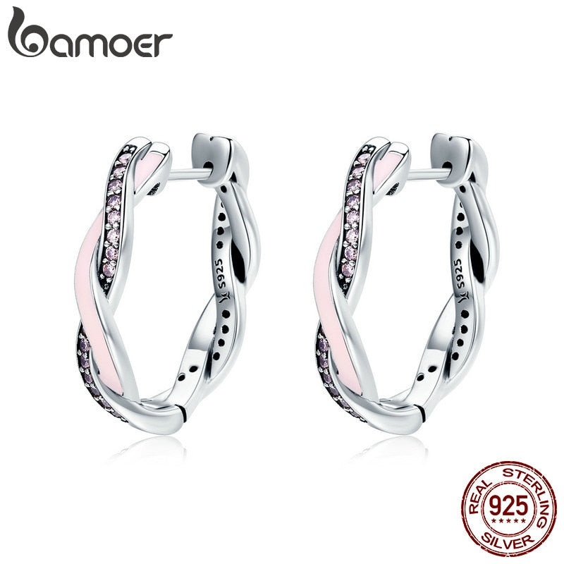 BAMOER Authentic 100% 925 Sterling Silver Pink & Clear CZ Twist Of Fate Hoop Earrings for Women Fashion Earrings Jewelry SCE297