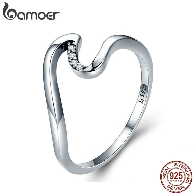 BAMOER Authentic 100% 925 Sterling Silver Geometric Wave Finger Rings for Women Wedding Engagement Jewelry Gift S925 SCR378