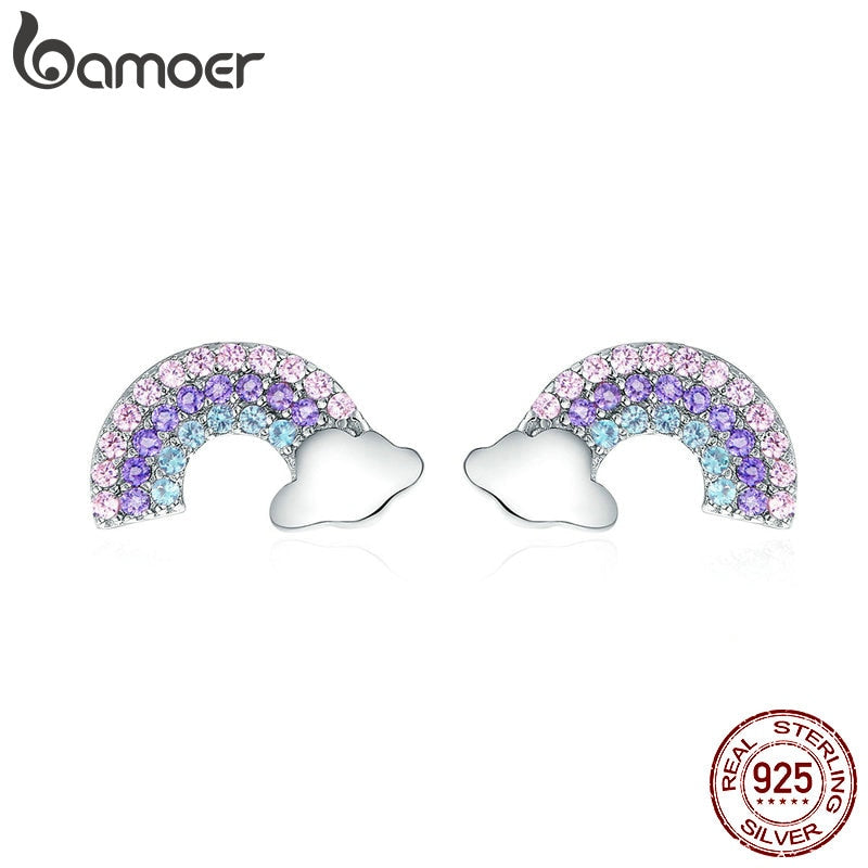 BAMOER New Arrival 925 Sterling Silver Colorful Zircon Rainbow Exquisite Stud Earrings Women Trendy Party Earring Jewelry SCE578