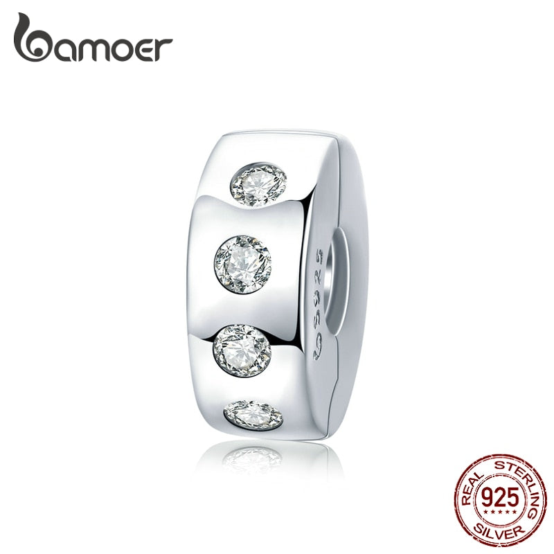 bamoer 925 Sterling Silver Simple Dazzling Zircon Charm Clip fit Original Charms Bracelets for Women DIY Jewelry Making BSC165