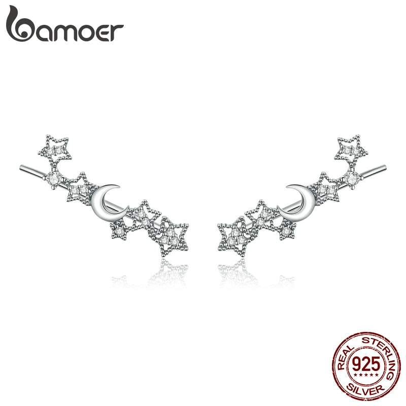 bamoer Genuine 925 Sterling Silver Stars and Moon Stud Earrings for Women silver Jewelry 2020 Brincos EarringSCE926