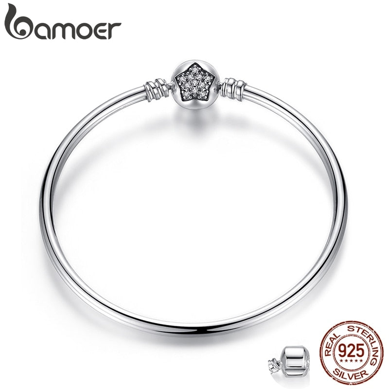 BAMOER Authentic 100% 925 Sterling Silver Snake Chain Bracelet & Bangle Pave Star Cubic Zirconia CZ DIY Jewelry