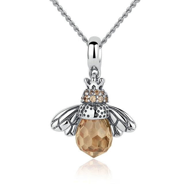 BAMOER 925 Sterling Silver Lovely Orange Bee Animal Pendants Necklace for Women Fine Jewelry CC035