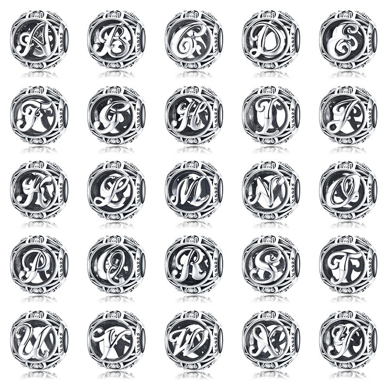 BAMOER Authentic 925 Sterling Silver Vintage A to T, Clear CZ Alphabet Letter Beads Fit Charm Bracelets DIY Jewelry SCC738