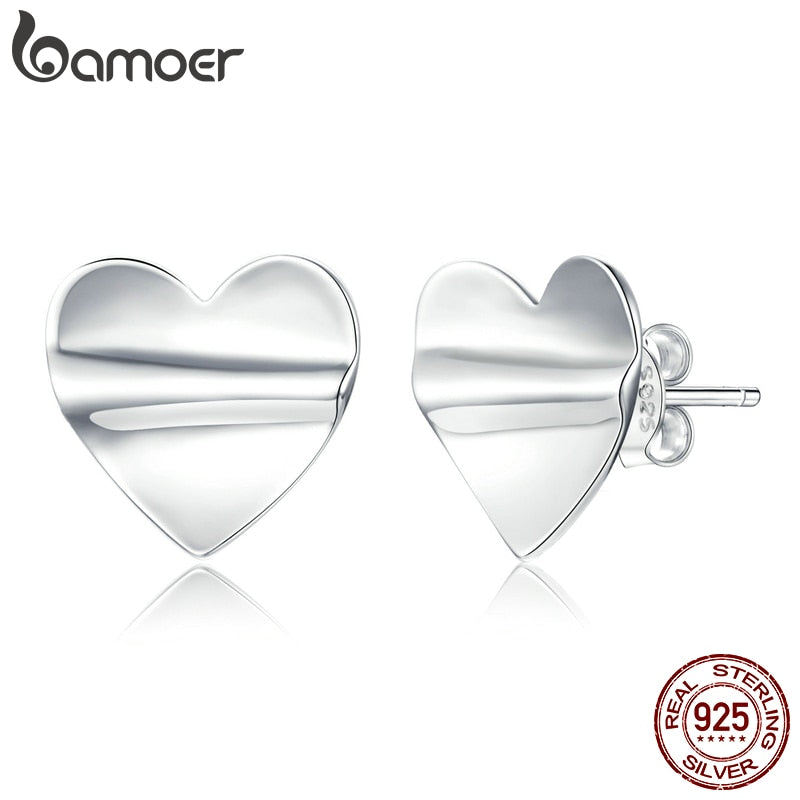 bamoer 925 Sterling Silver Jewelry silver Fold Hearts Stud Earrings for Women Girls Gift Statement Jewelry earring SCE936