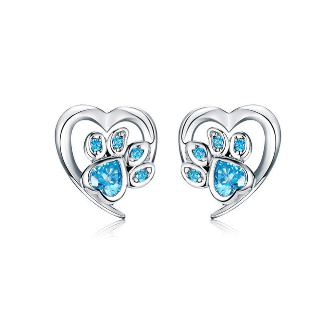 bamoer Blue Crystal Paw Stud Earrings for Girl Heart Shape CZ Footprint Ear Studs Jewelry Women 2019 New Design Bijoux SCE654