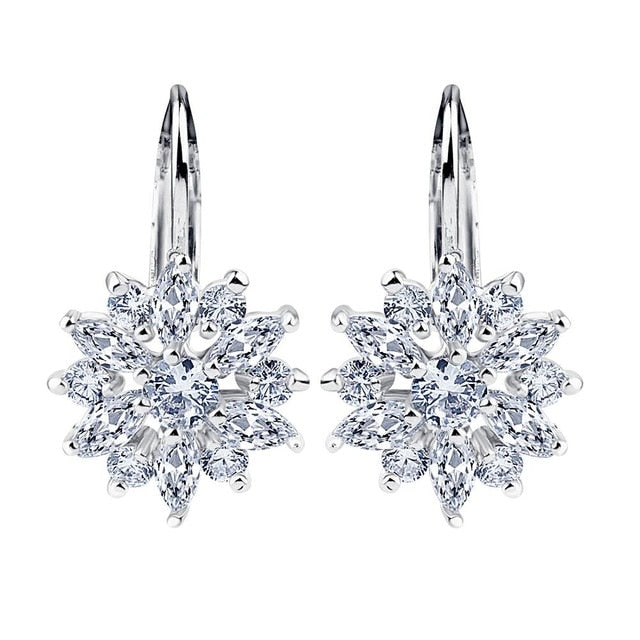 BAMOER 3 Colors Luxury Gold Color Flower Stud Earrings with Zircon Stone Women Birthday Gift Bijouterie JIE014