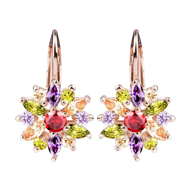 BAMOER 3 Colors Luxury Gold Color Flower Stud Earrings with Zircon Stone Women Birthday Gift Bijouterie JIE014