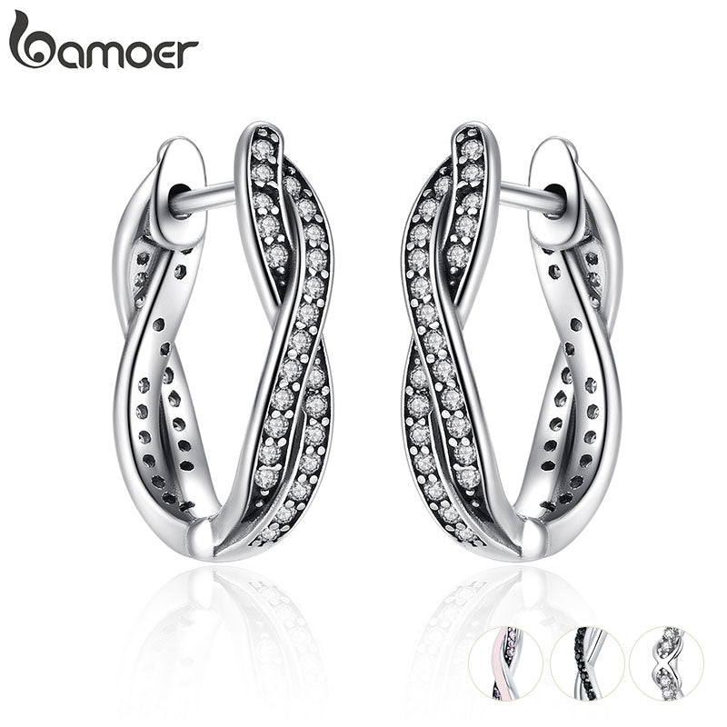 BAMOER Authentic 925 Sterling Silver Twist Of Fate Hoop  Earrings Clear CZ for Women Wedding Trendy Jewelry PAS465