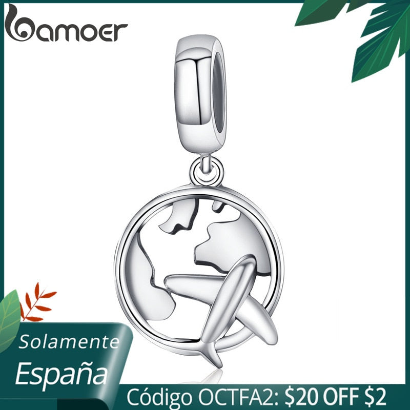 BAMOER Authentic 925 Sterling Silver Traveling Dream Map & Plane Charm Beads Fit Charm Bracelets Fashion DIY Jewelry S925 SCC242