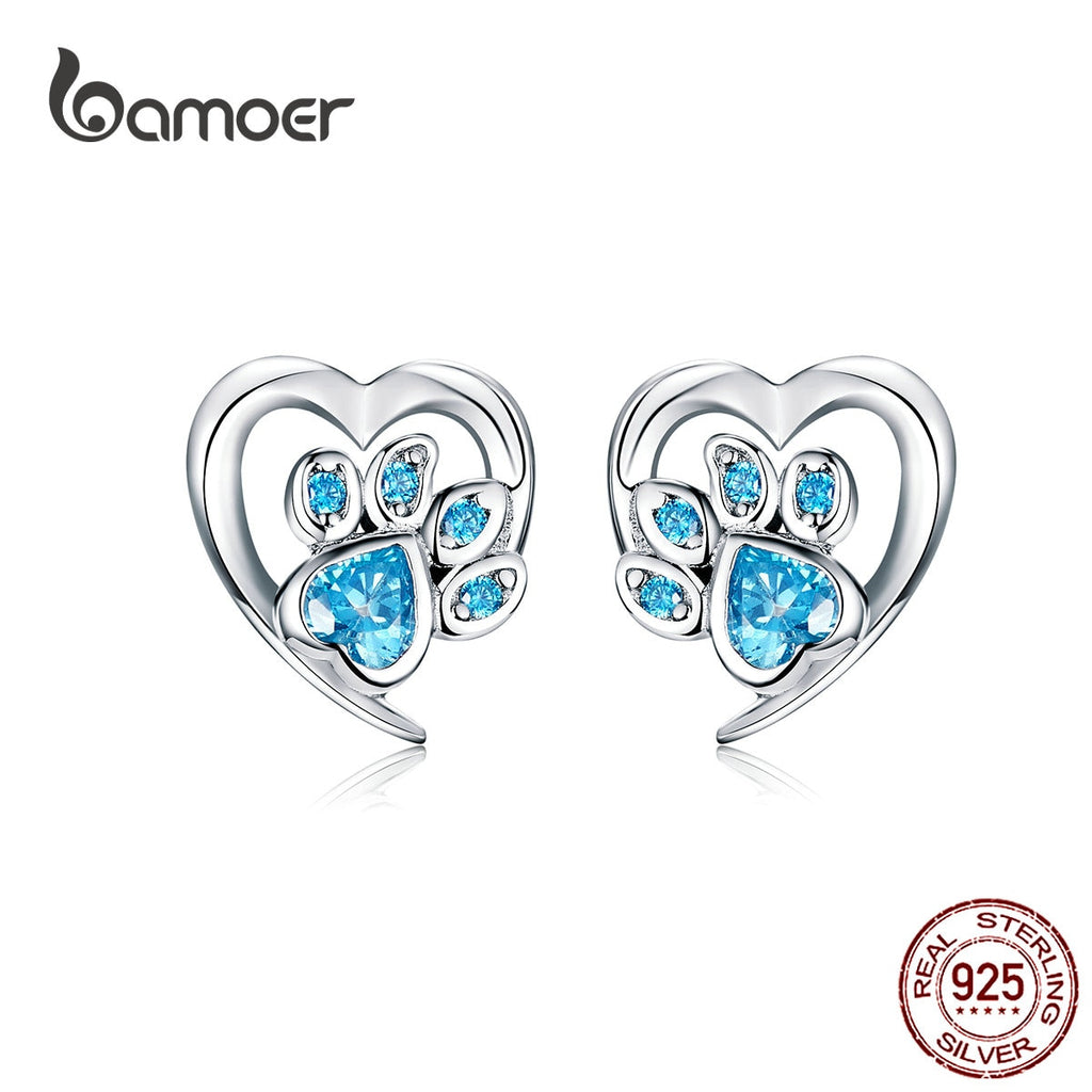 bamoer Blue Crystal Paw Stud Earrings for Girl Heart Shape CZ Footprint Ear Studs Jewelry Women 2019 New Design Bijoux SCE654