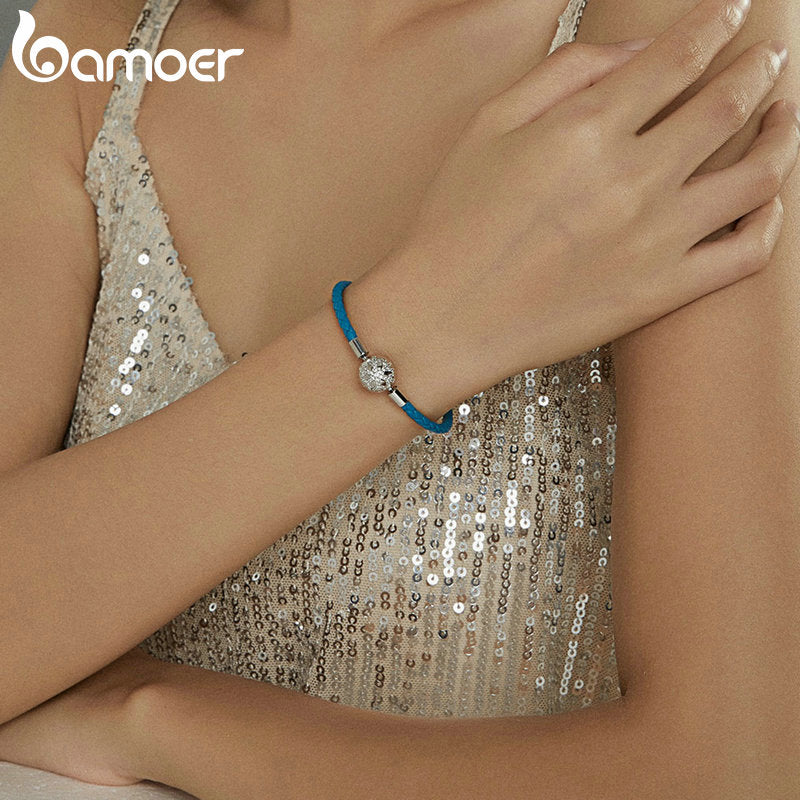 bamoer 925 Sterling Silver Snowflke Clip with Blue Leather Bracelet for Charm Pendant DIY Bracelet Jewelry GXB196